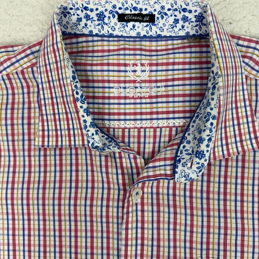 Bugatchi Shirt Men's 2XL Classic Fit L/S Plaid Floral Contrast Trim Button Up